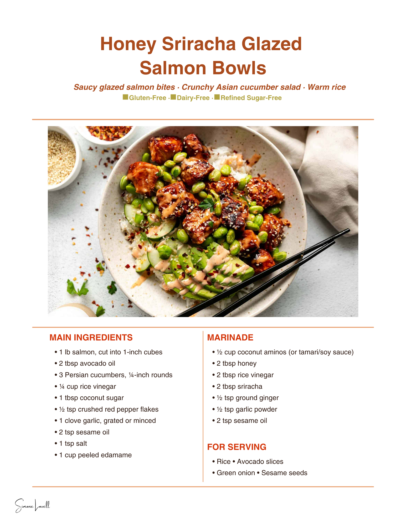 Honey sriracha glazed salmon bowls recipe card from Meals by Simone