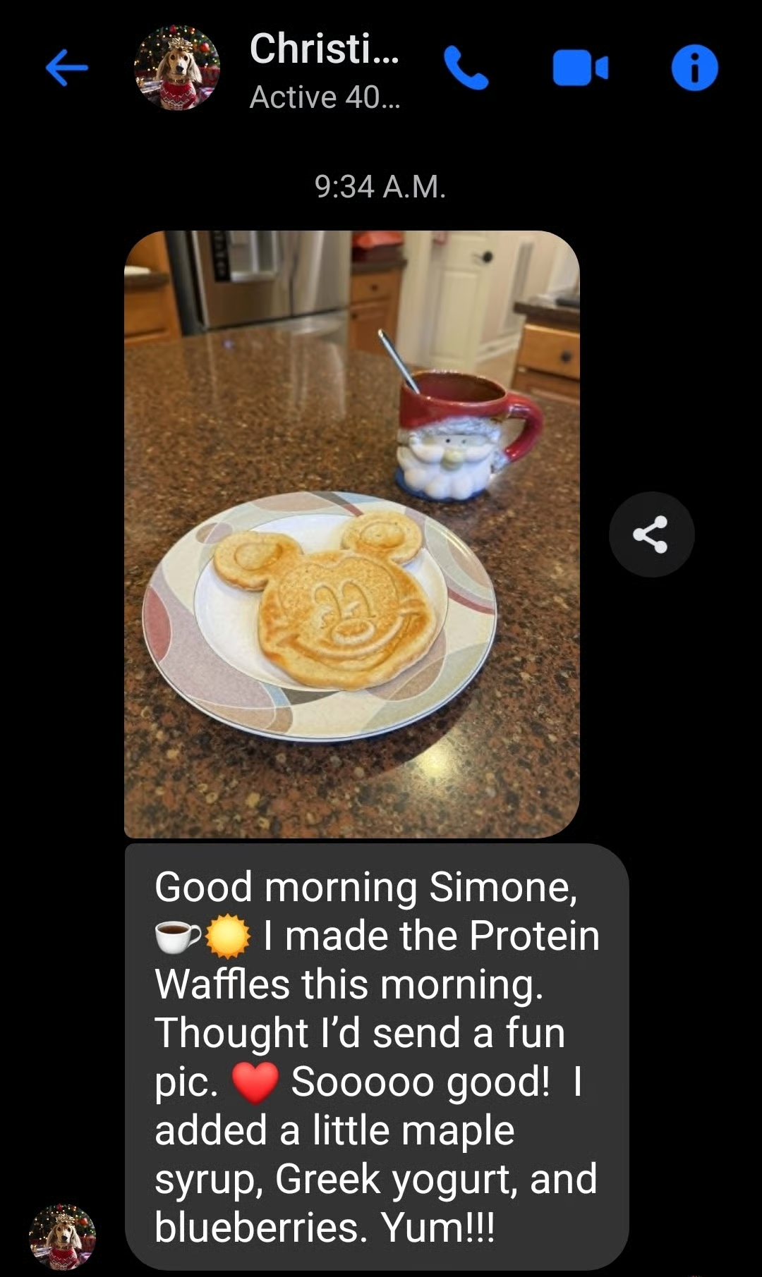 Mickey Mouse shaped protein pancake shared by Christi